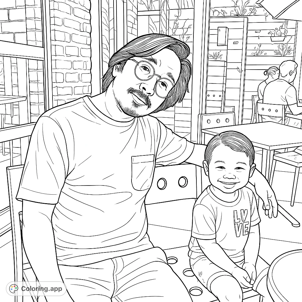 Capture a heartwarming outdoor scene featuring a smiling man and child on a patio. Perfect for family-themed coloring fun.