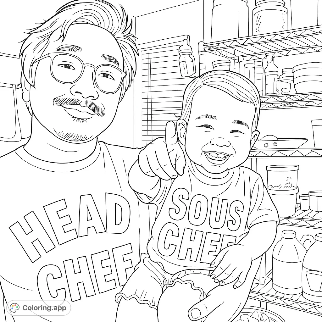 A heartwarming Head Chef and Sous Chef duo ready for kitchen adventures. A delightful family coloring page for all ages.