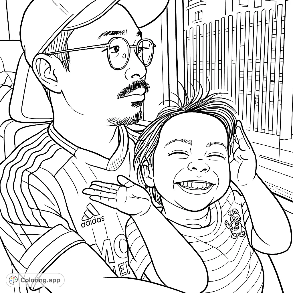 Capture a heartwarming moment of an adult and a smiling child on a journey. This family coloring page offers a delightful scene for all ages.