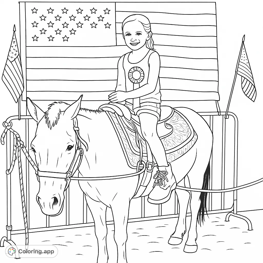 A delightful free printable coloring page featuring a child riding a horse, set against a backdrop of patriotic flags. Perfect for young artists.