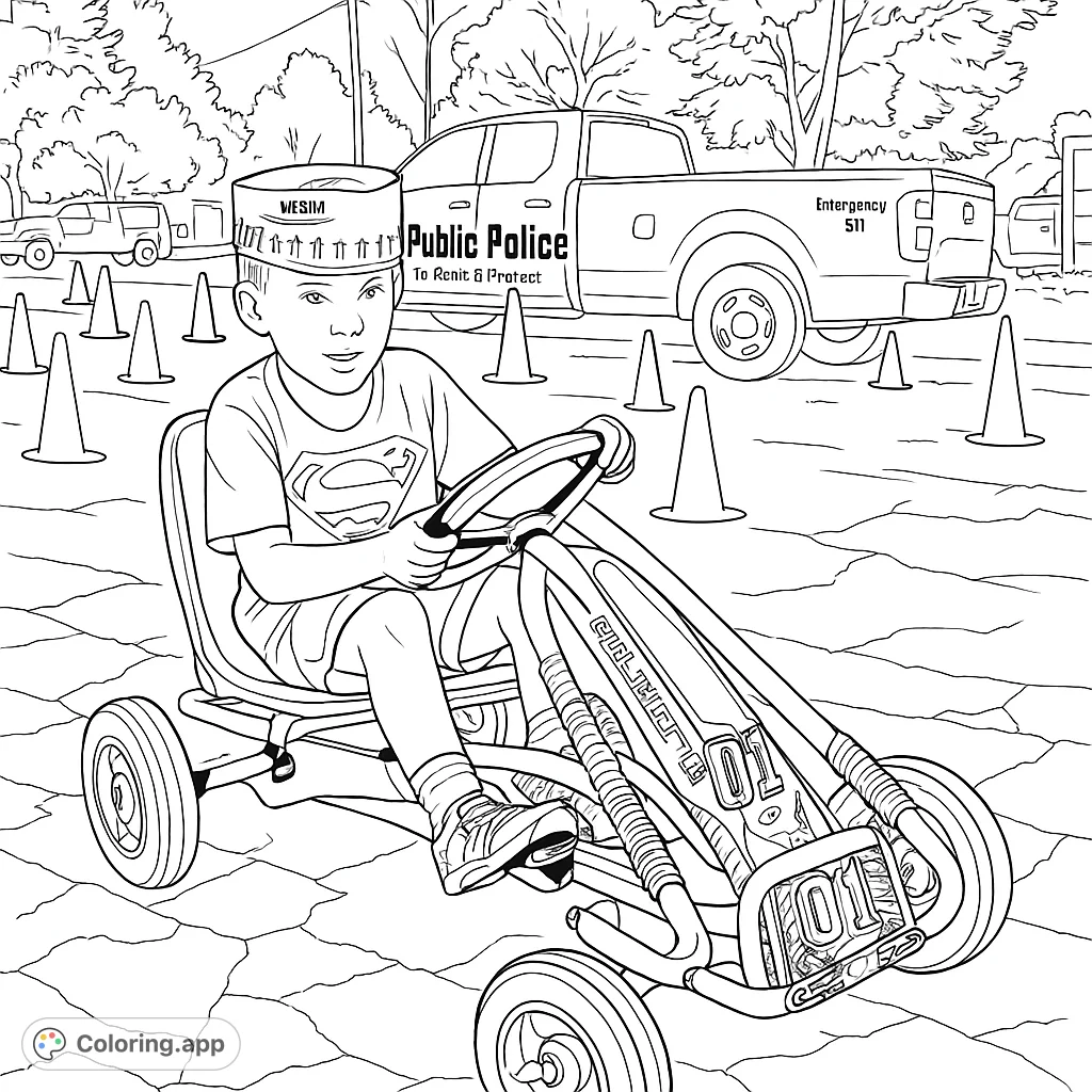 A young boy enjoys a go-kart ride, navigating cones with a police truck in the background. Perfect for kids who love vehicles and adventure.