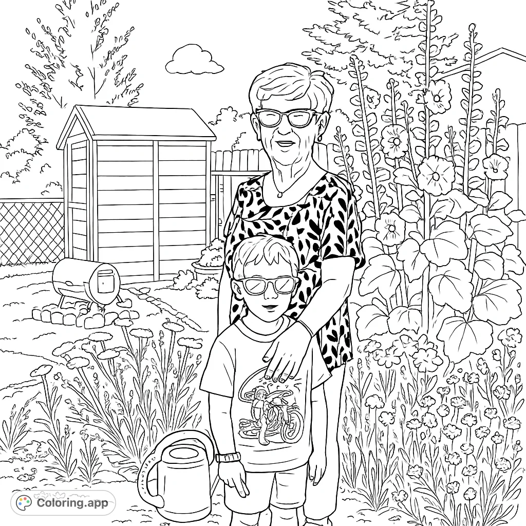 Capture a heartwarming moment between a grandparent and child in a vibrant garden. Perfect for family fun and creative expression.