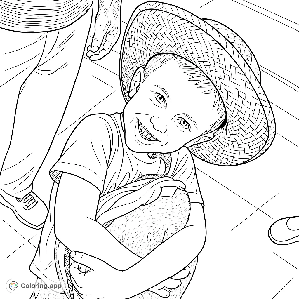 A joyful child in a straw hat, smiling brightly while hugging a fun plush toy. Perfect for a delightful coloring experience.