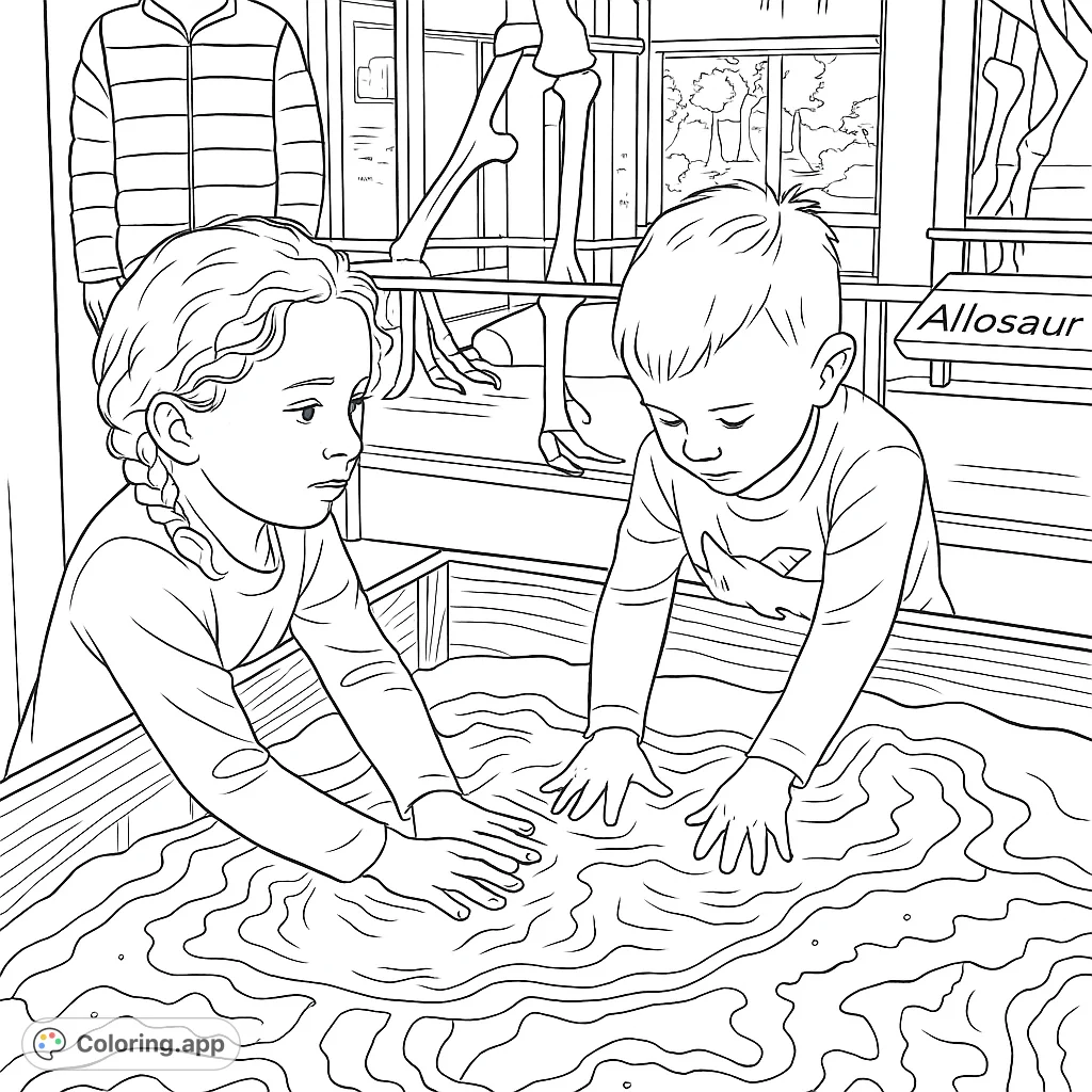 Explore an interactive sandbox where children shape landscapes and water bodies. A fun, educational coloring page for young geographers.