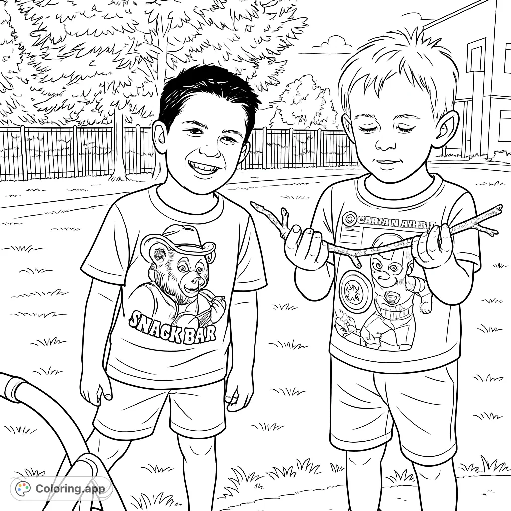 Two young boys enjoying outdoor play, one holding a stick, with a tricycle nearby. Perfect for kids who love adventure and friendship.