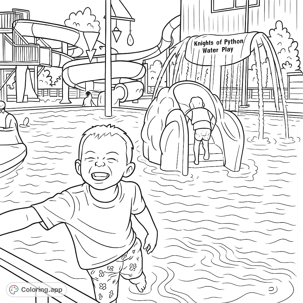 Dive into fun with this water park coloring page featuring a happy child, thrilling slides, and splashing water. Perfect for summer adventures!