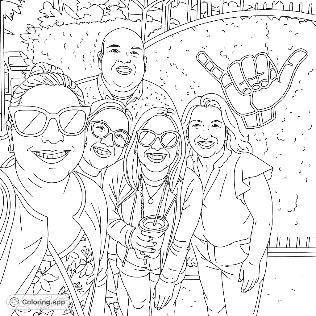 A cheerful group of five friends posing together, with a distinctive hand gesture symbol on a textured background. Perfect for a fun coloring session.