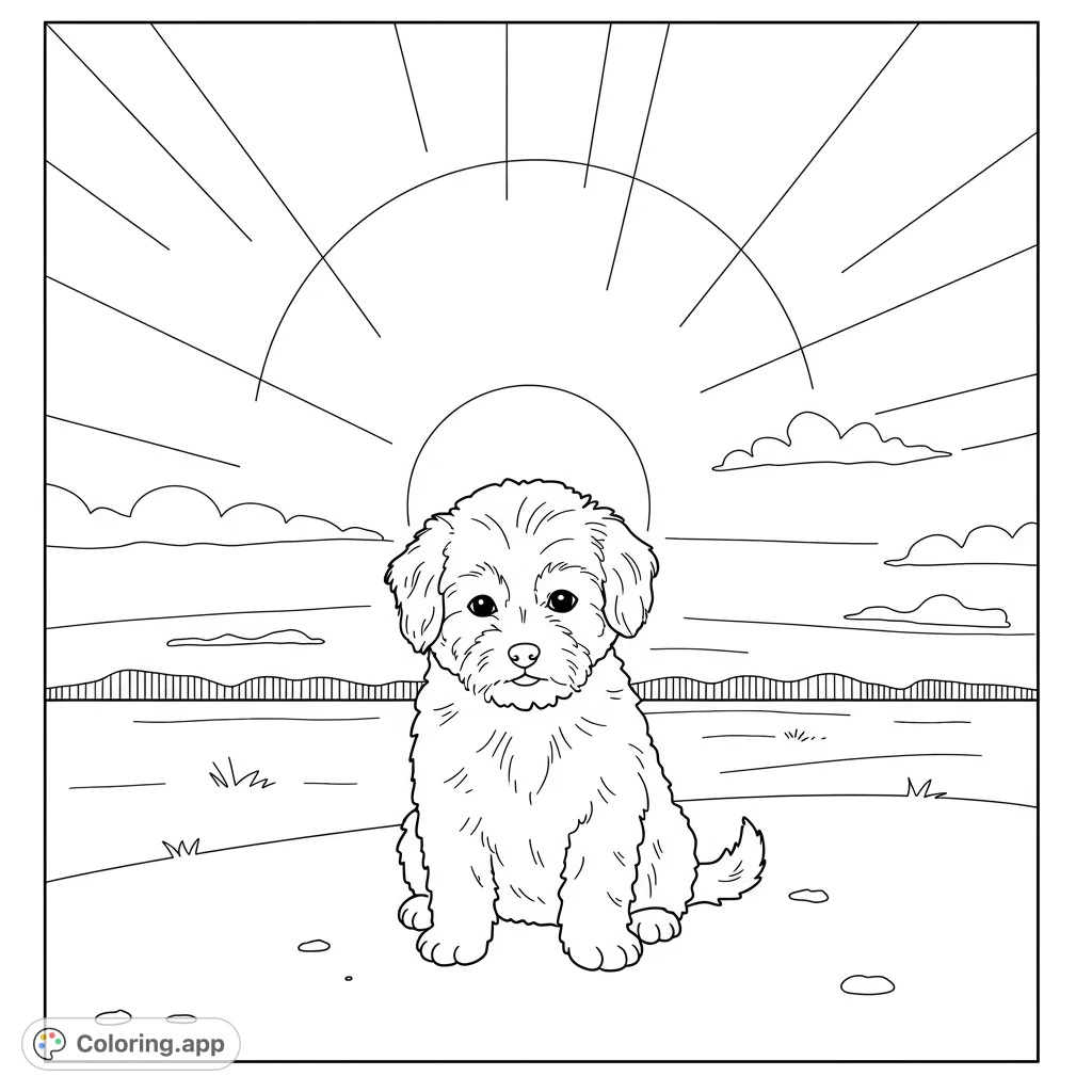 A charming puppy sits under a vast sky with a prominent sun, perfect for a simple and delightful coloring experience. Free printable puppy coloring page.