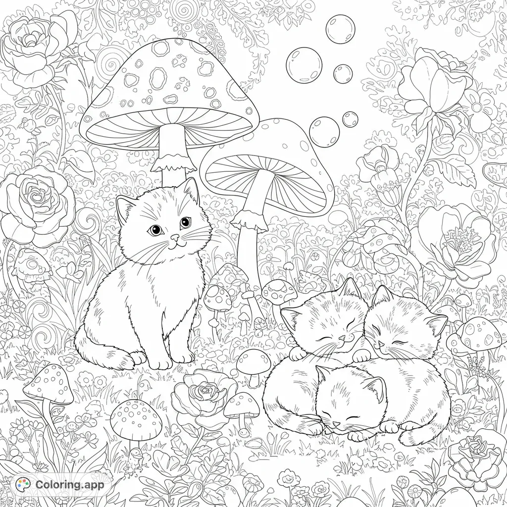 Enter a magical world with this whimsical kitten coloring page. Adorable kittens play among oversized flowers and enchanted mushrooms, perfect for creative fun.