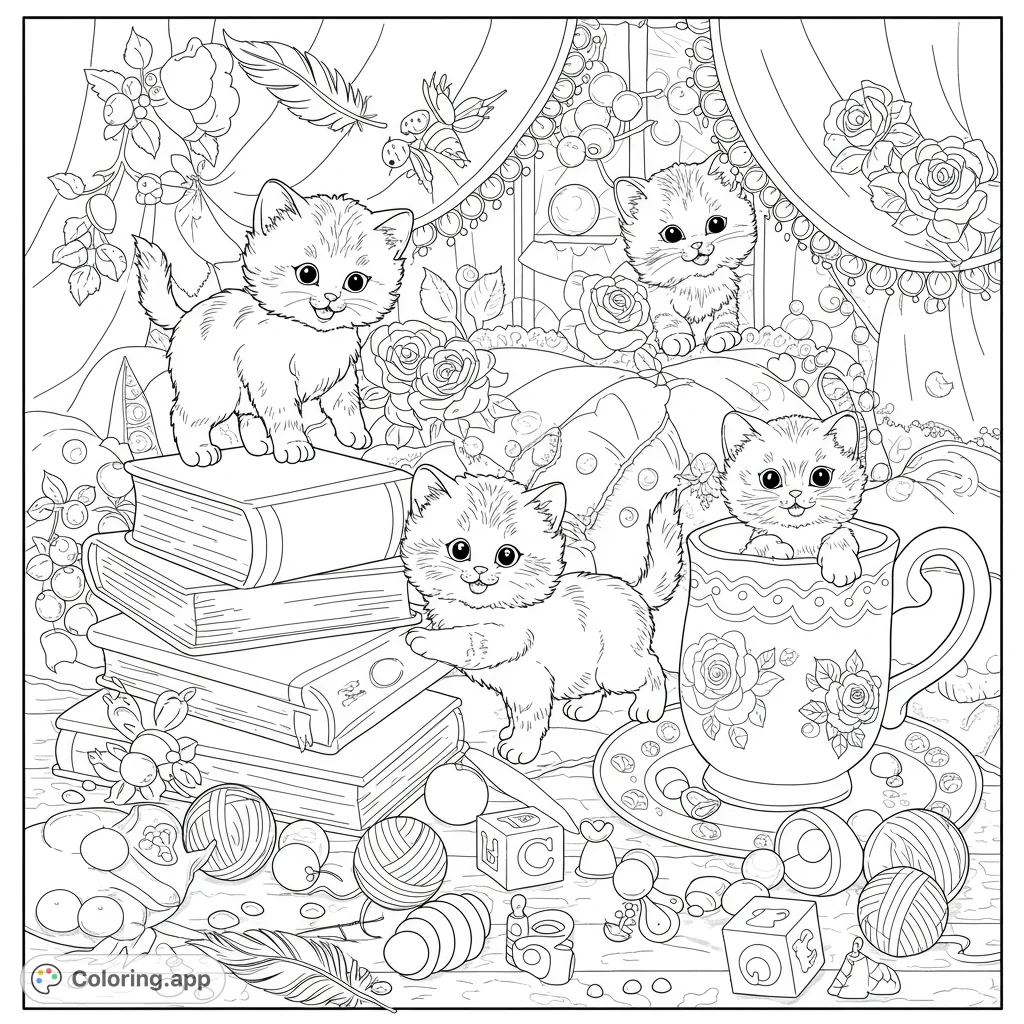 Discover a delightful scene of whimsical kittens playing among oversized objects and blossoms. A charming free printable for young artists.