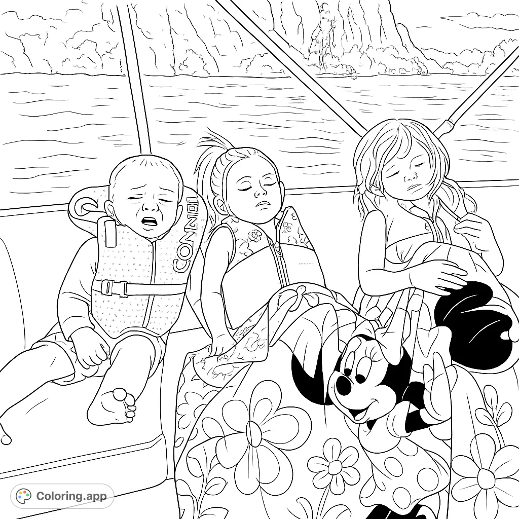Three happy children on a boat, enjoying a day on the water with life vests and a cozy blanket. Perfect for a fun coloring activity.