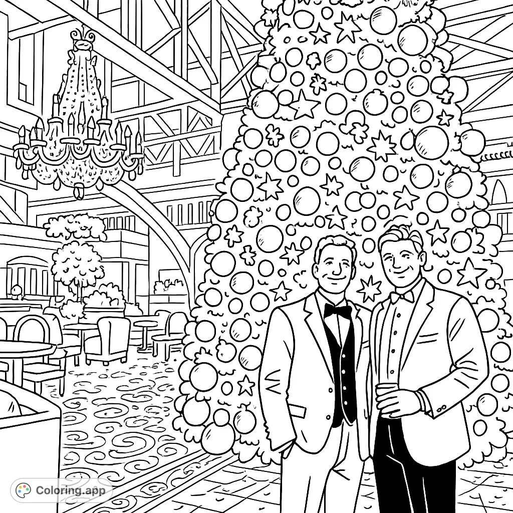 An elegant Christmas scene featuring two men in formal wear beside a grand, decorated tree in a luxurious hotel lobby. Perfect for festive coloring.