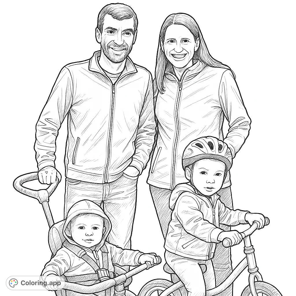 Capture a heartwarming family moment with this hand-drawn sketch. Features two adults and two children with a stroller and scooter, perfect for all ages.