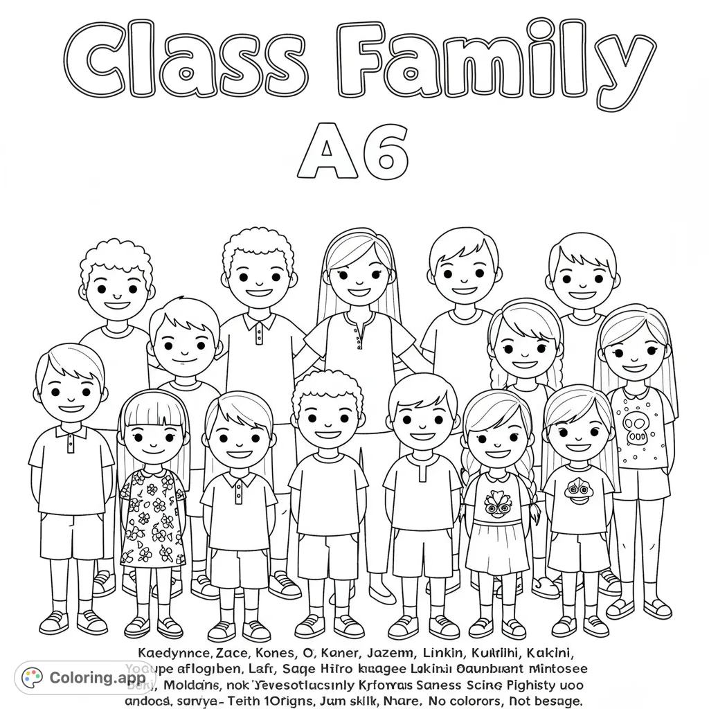 A heartwarming Class Family coloring page featuring a teacher and students, with decorative bubble letter text. Perfect for school-themed fun and classroom activities!