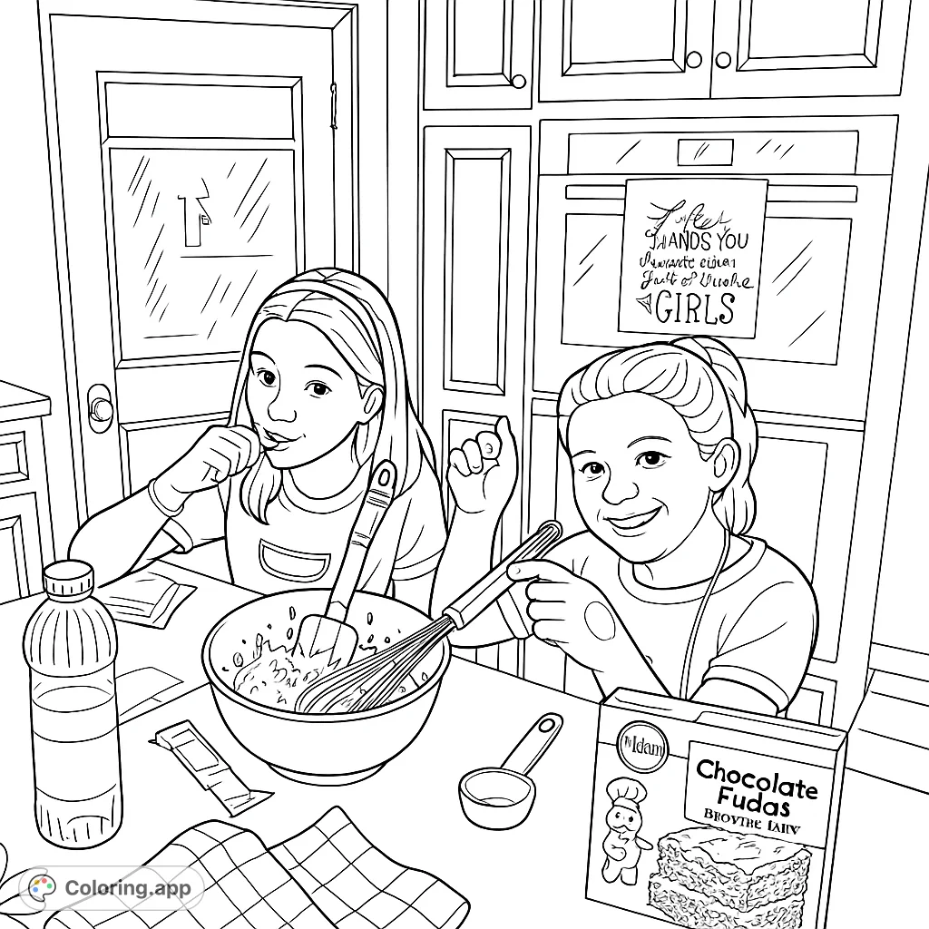 Two girls enjoy baking brownies in a cozy kitchen, surrounded by ingredients and tools. A delightful baking scene.