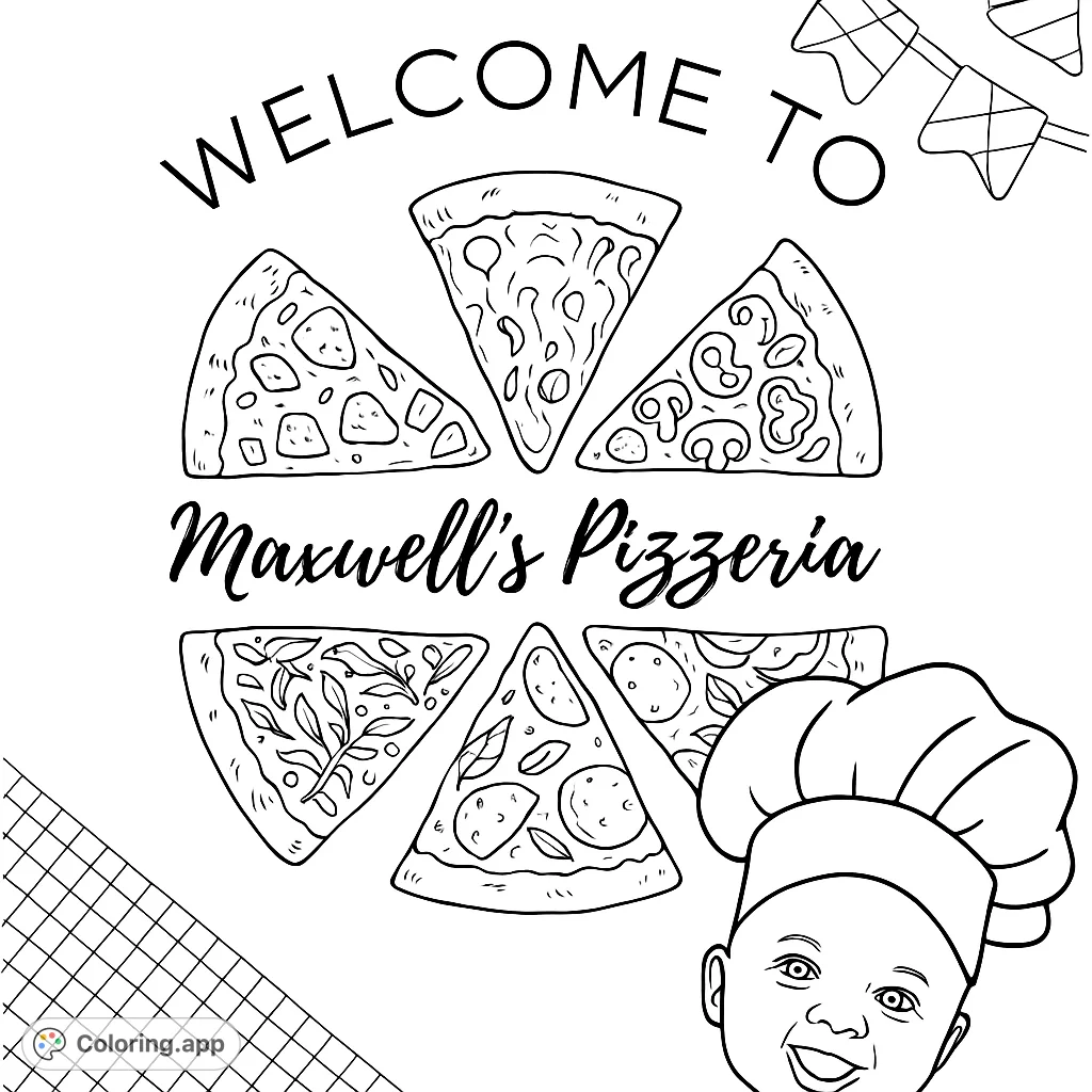 A delightful pizzeria scene featuring various pizza slices, a chef's hat, and festive decorations, perfect for food lovers to color and enjoy.