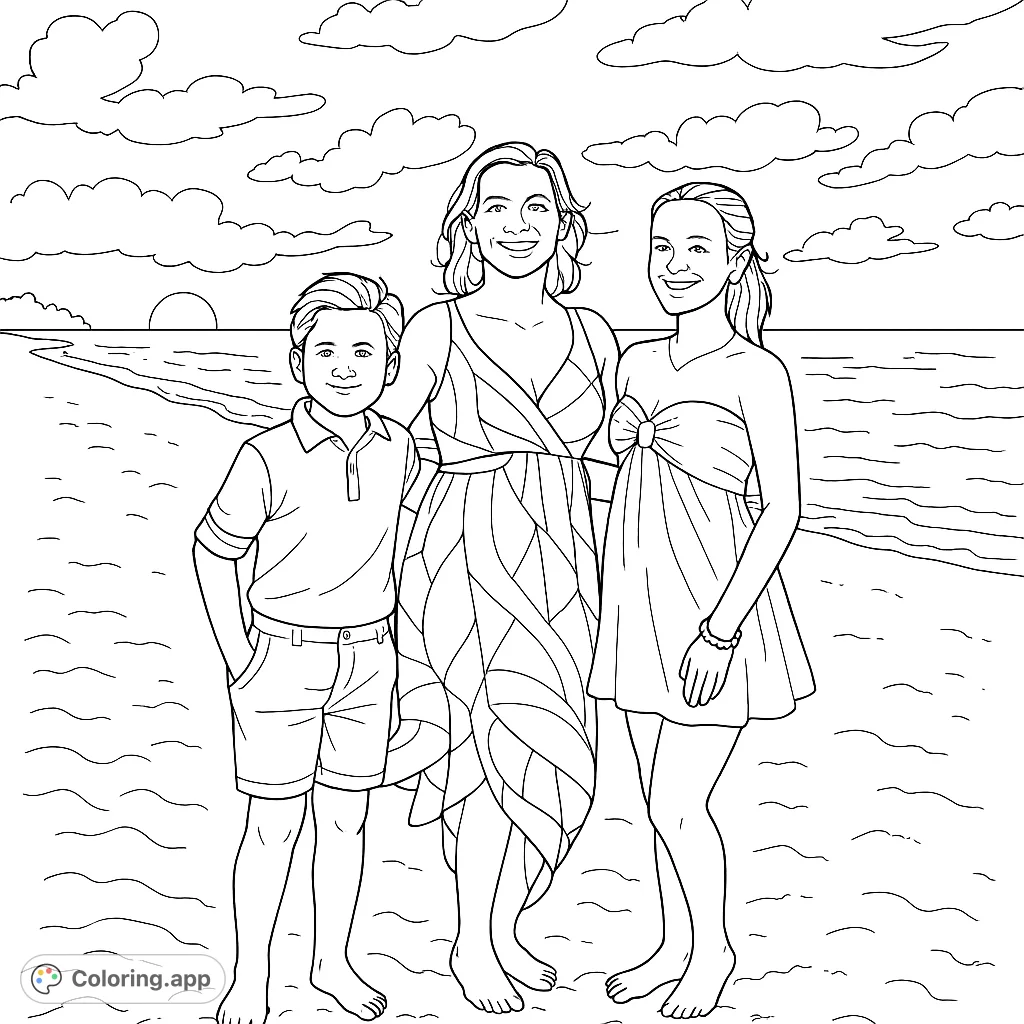 A happy family portrait on a sandy beach at sunset, featuring a mother and her two children. Perfect for a relaxing coloring experience.