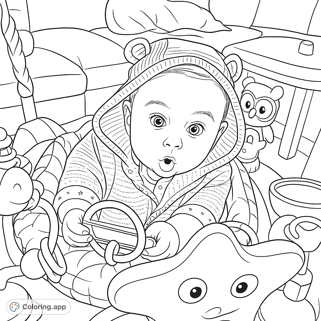 A delightful baby in an activity center, surrounded by engaging toys. Perfect for a heartwarming coloring experience, capturing innocence and play.