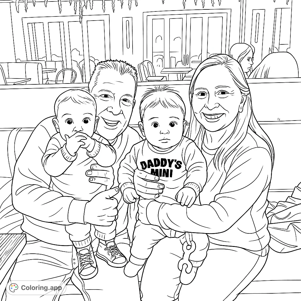 Capture a heartwarming family moment with two adults and two babies in a cozy restaurant setting. A perfect free printable family coloring page.