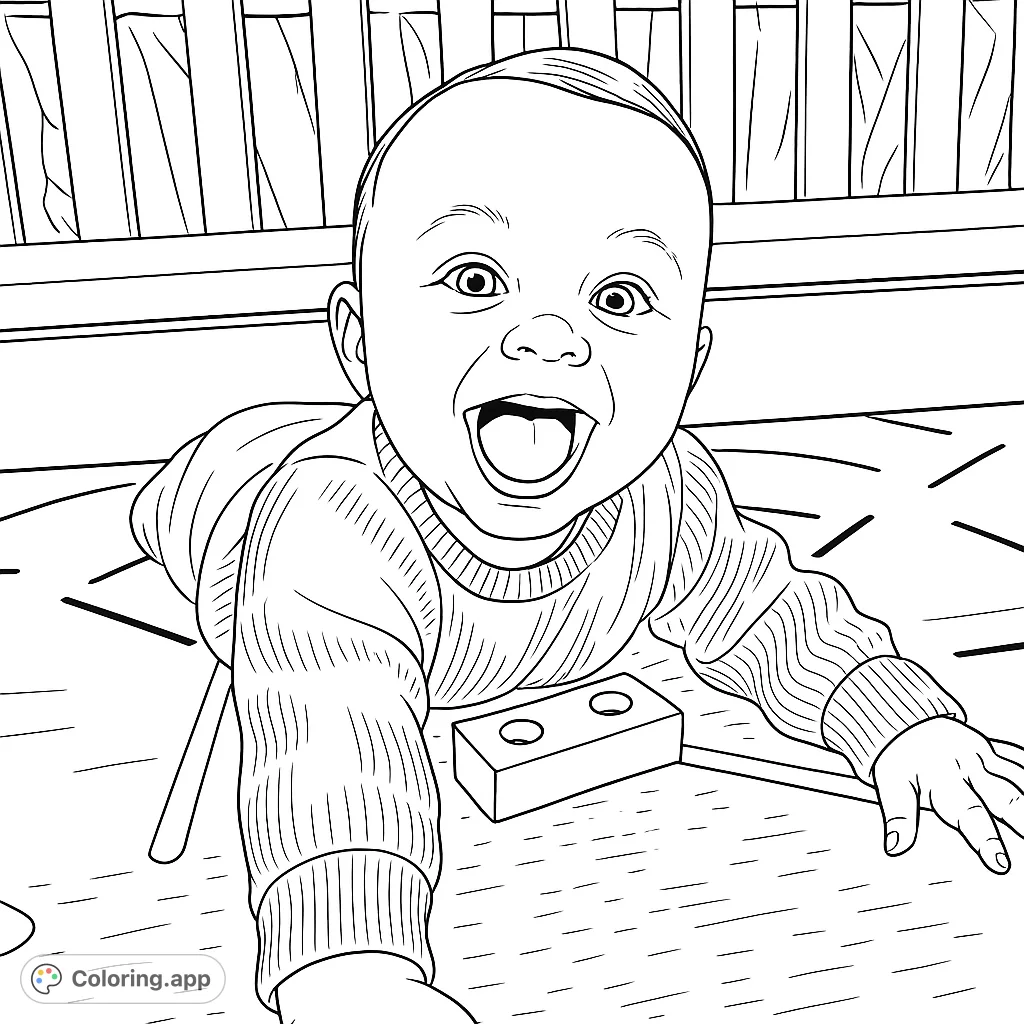 Capture pure joy with this adorable laughing baby coloring page. Features a happy infant on a play mat with a toy block, perfect for all ages.