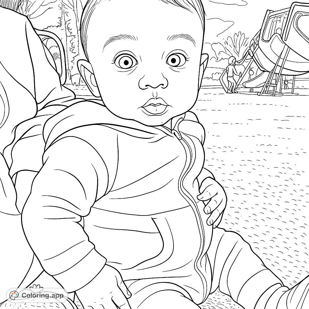 A heartwarming baby coloring page featuring an adorable child at a playground, perfect for little ones and parents alike. Free printable fun!