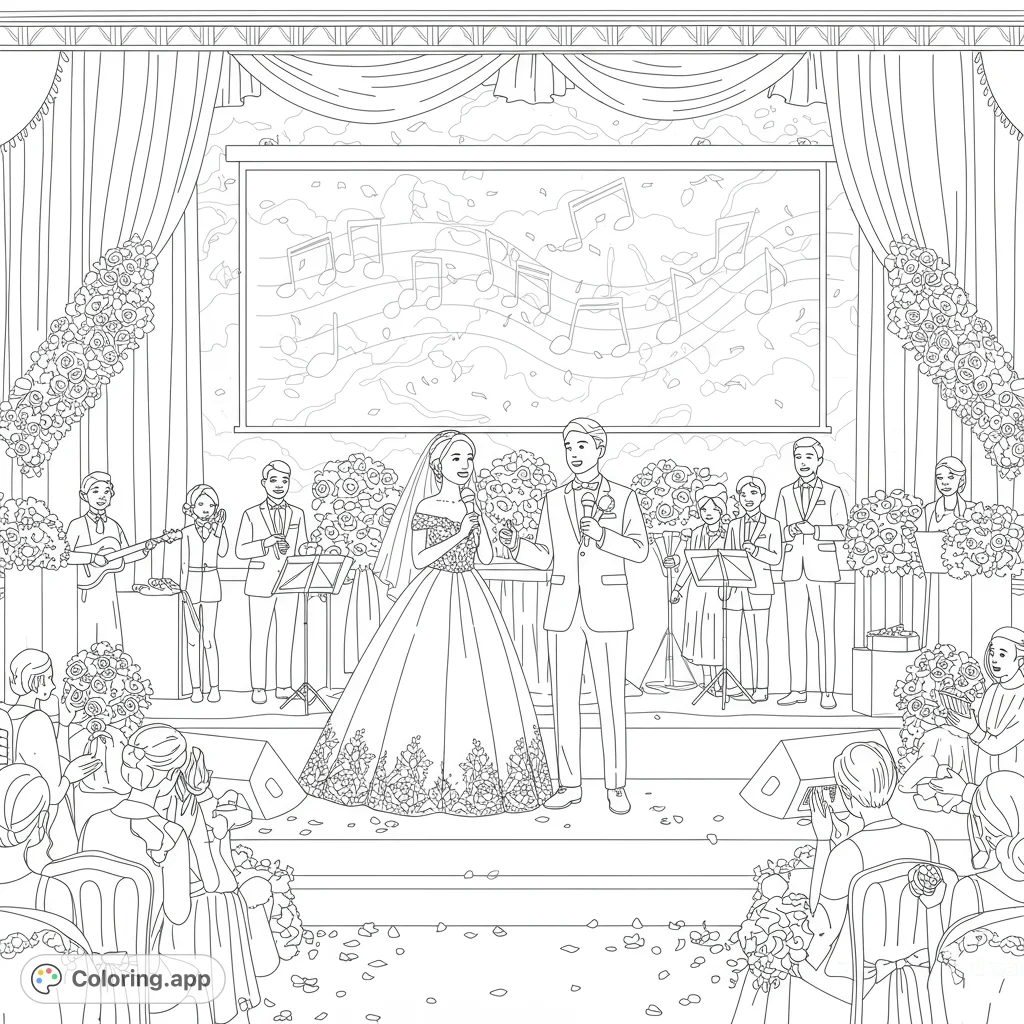 A joyful wedding karaoke scene featuring a singing bride and groom on stage, surrounded by festive details and cheering guests.