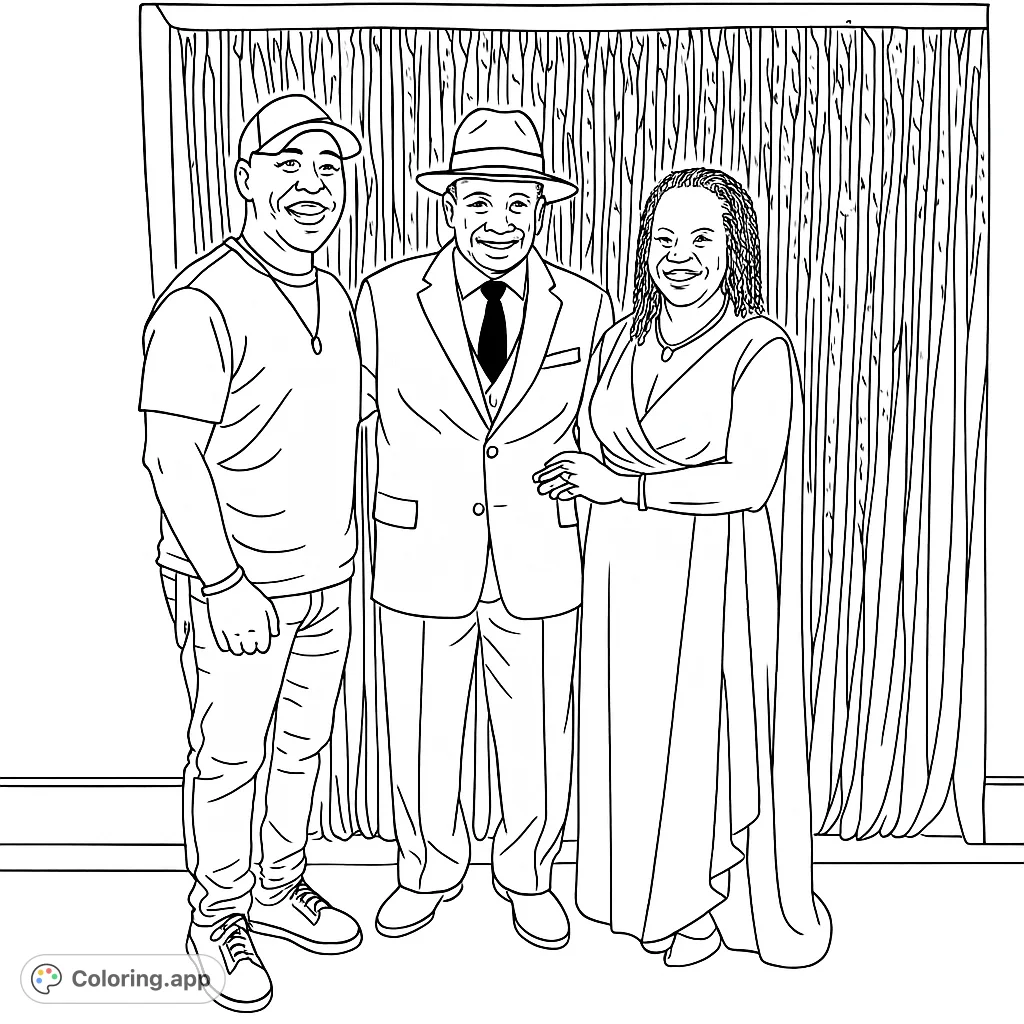 A festive group portrait featuring three elegantly dressed individuals, perfect for celebrating special moments and practicing detailed coloring.