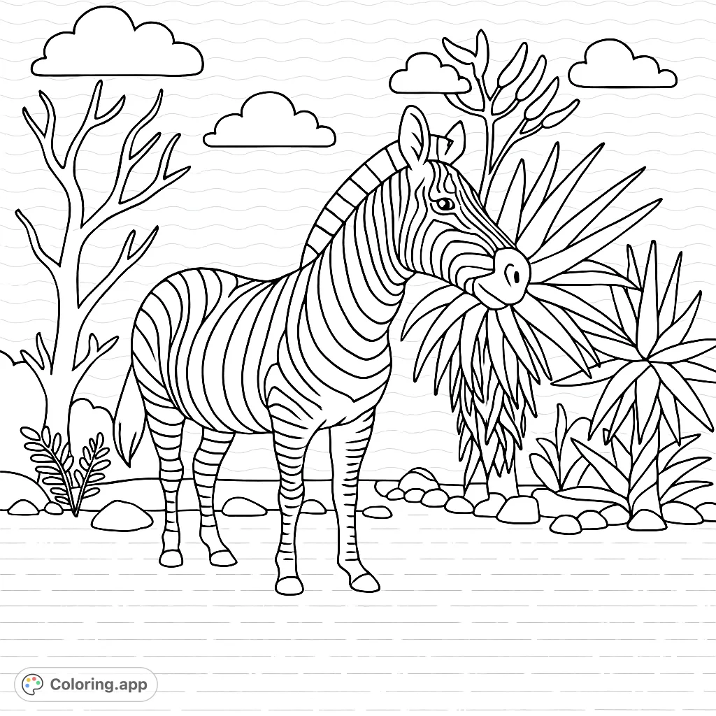 Explore the wild with this simple zebra coloring page! Features a majestic zebra amidst a simplified safari scene with clouds and a wave pattern.