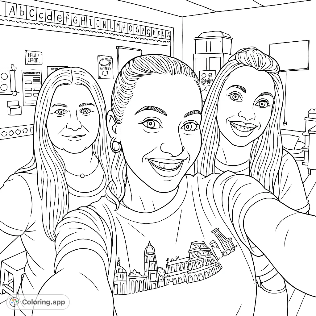 A delightful coloring page featuring three smiling women in a classroom setting, perfect for adding your own vibrant touches to their expressions and the detailed background.