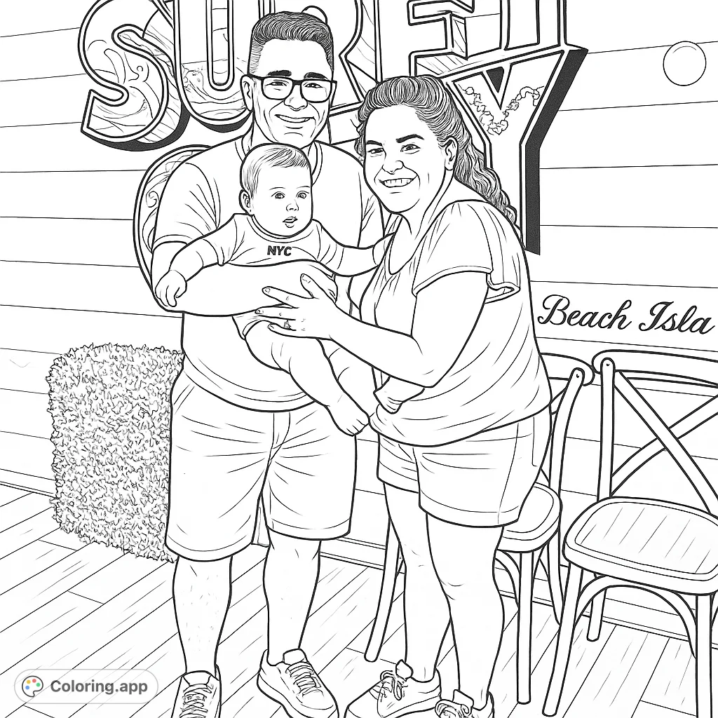 Capture a heartwarming family moment with a man, woman, and baby. Features a decorative wall and charming details, perfect for a personalized coloring experience.