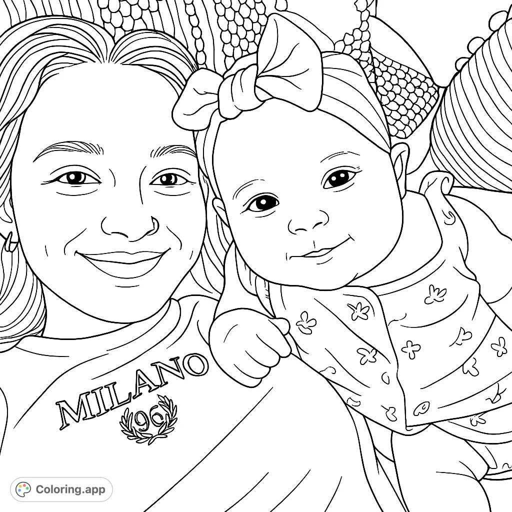 Capture a heartwarming moment between a young woman and a baby. Perfect for family-themed coloring pages, fostering connection and joy.
