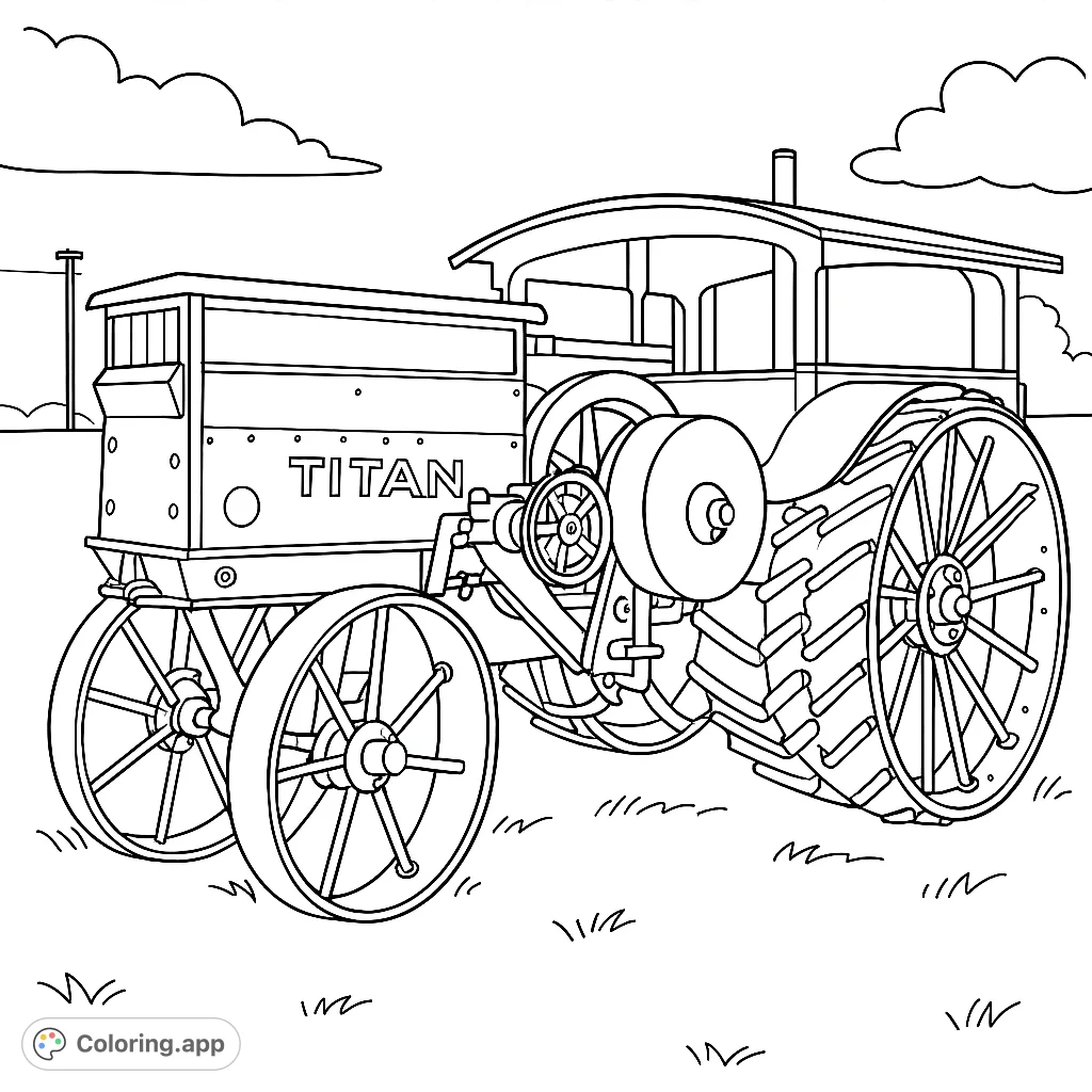 Color a powerful vintage Titan tractor with large wheels and intricate details, set in a vast open field under a cloudy sky. Perfect for vehicle enthusiasts.