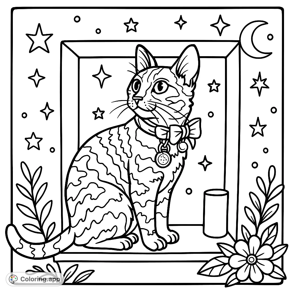 A charming cartoony cat sits in a cozy wall nook, surrounded by whimsical stars and delicate plants. A delightful free printable cat coloring page for all ages!