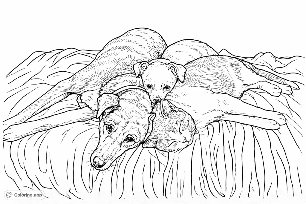 A heartwarming coloring page featuring a large dog, a small dog, and a cat snuggled together on a blanket, creating a cozy animal cuddle pile.