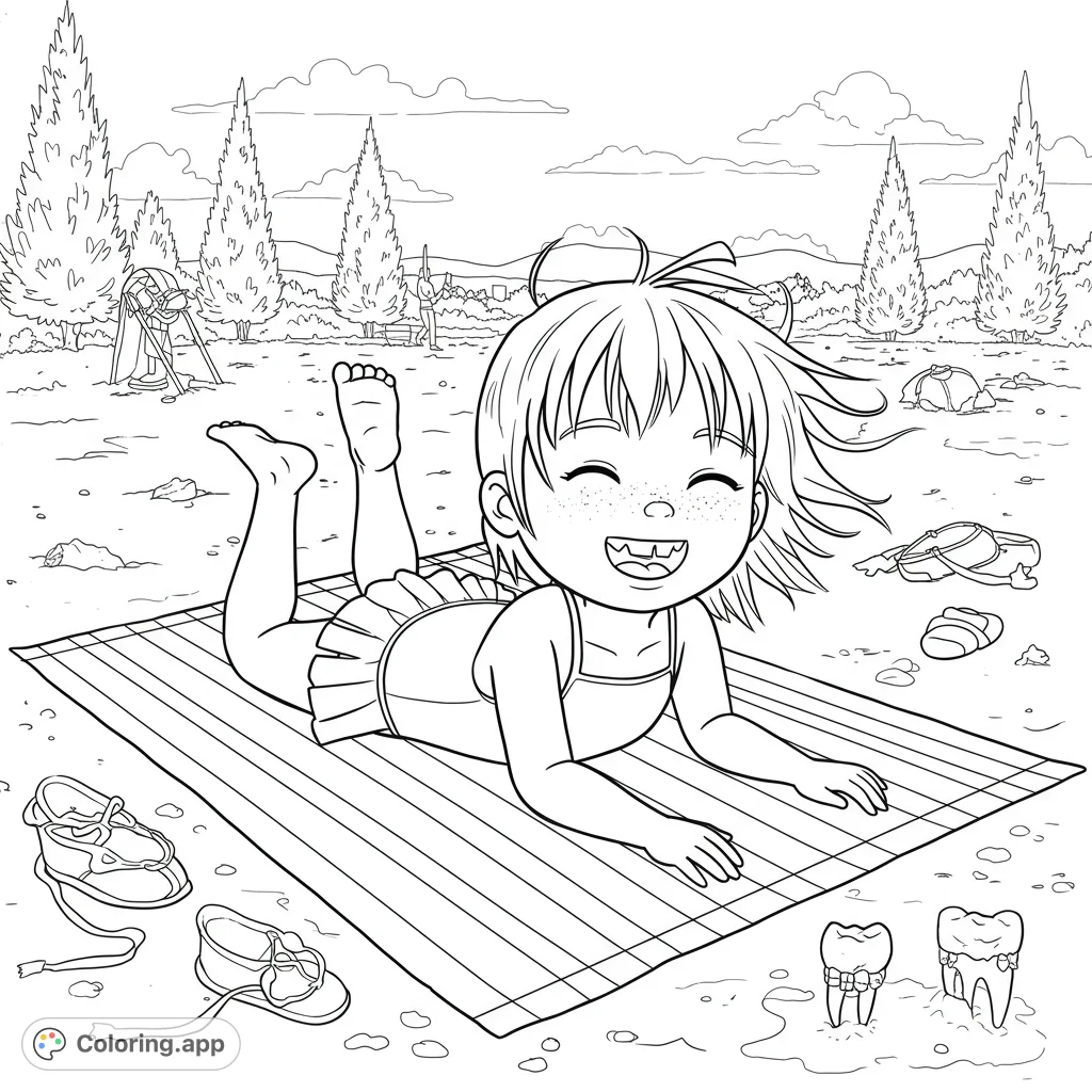 A joyful child with a wide smile and windswept hair lies on a striped towel, set against a beach-like background with trees and distant figures.