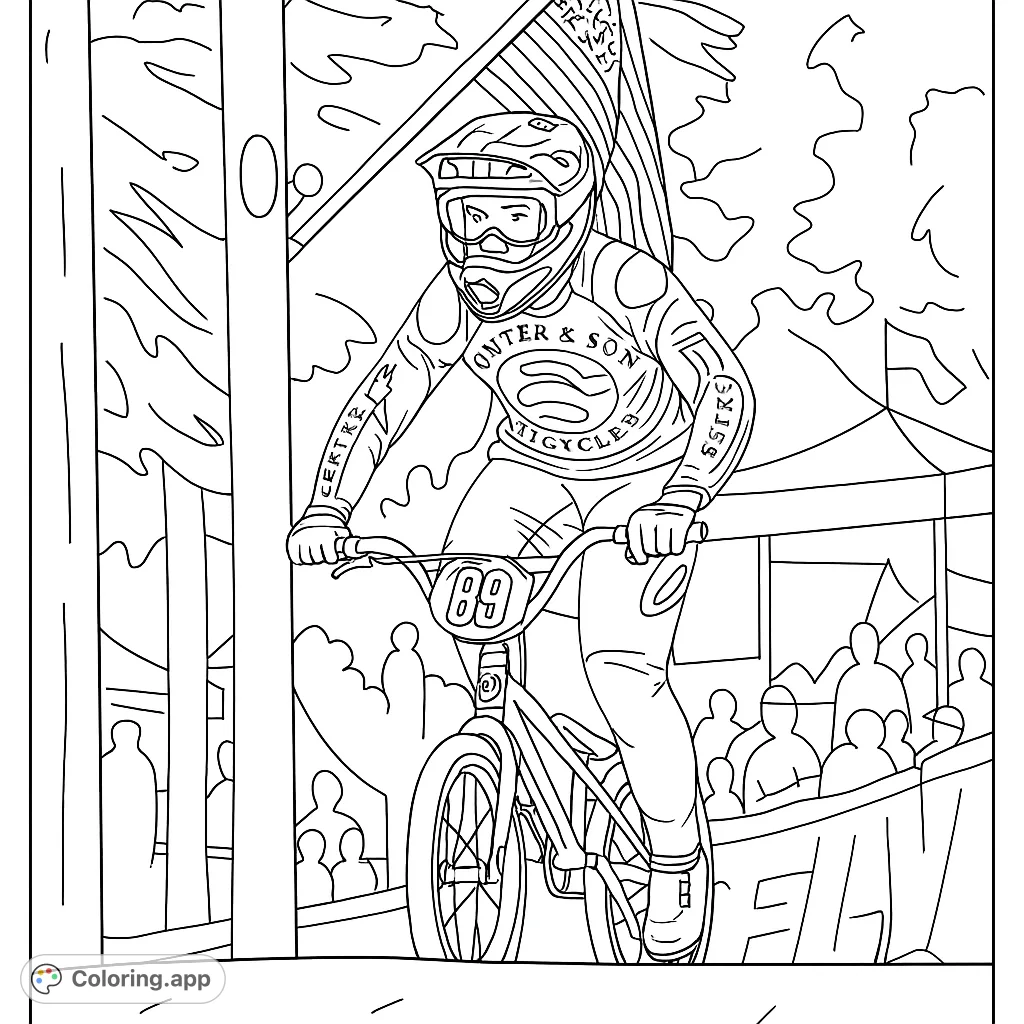 Dynamic BMX rider in full gear on a dirt track, ready for action. A thrilling sports coloring page for all ages.