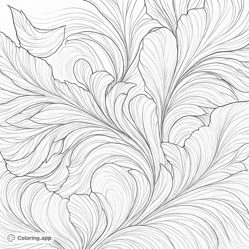 Abstract coloring page featuring dynamic, swirling organic forms. Explore fluid shapes and intricate textures, perfect for creative expression and relaxation.