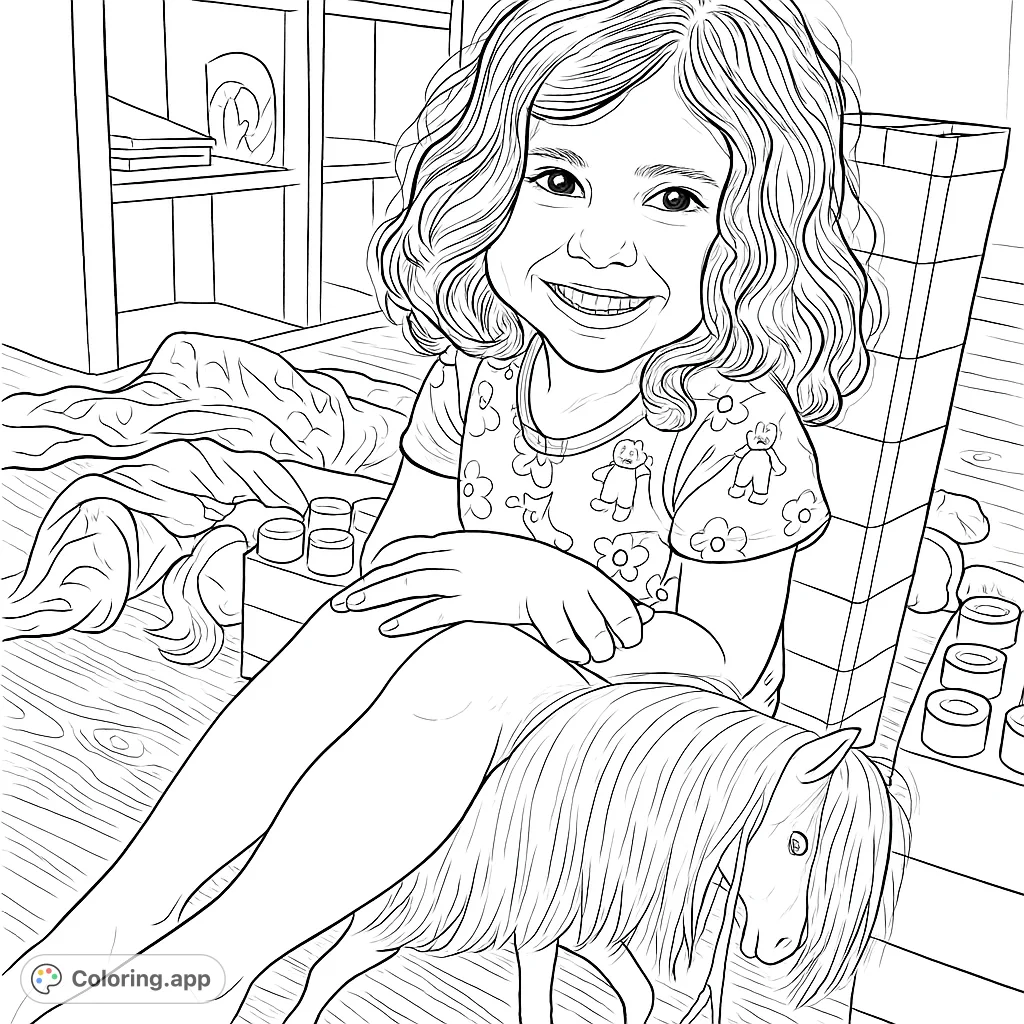A joyful child sits surrounded by building blocks and a toy horse, ready for a creative coloring adventure. Perfect for young artists.