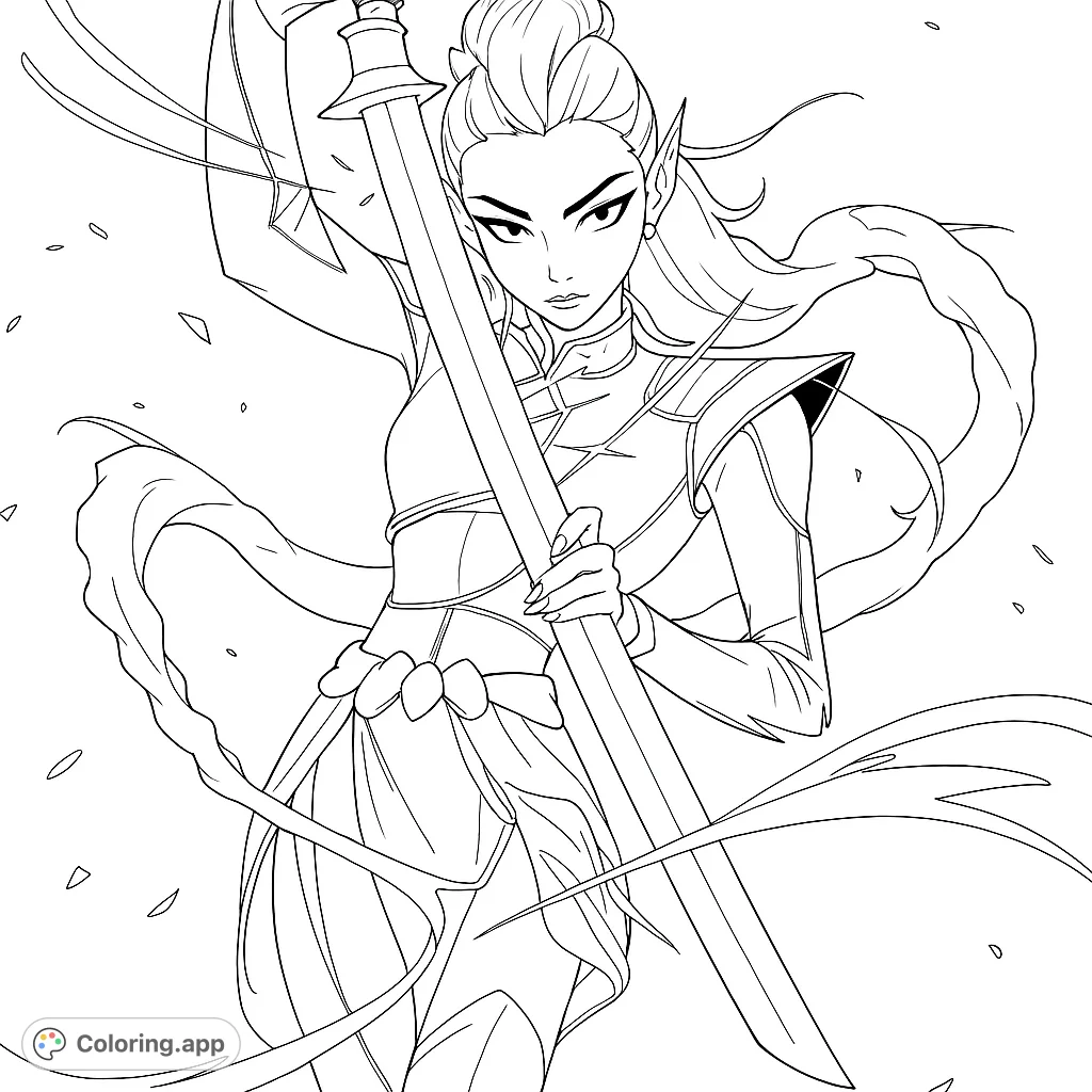 A striking futuristic warrior wields a powerful sword amidst swirling energy, perfect for a dynamic fantasy coloring page.