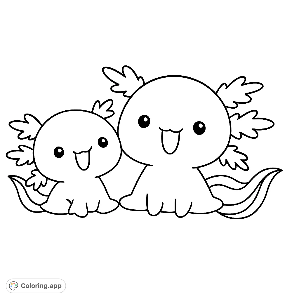 Adorable axolotl duo coloring page, perfect for kids and animal lovers. Features two cheerful, stylized axolotls with unique gill structures and happy expressions.