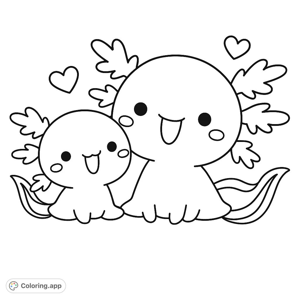 Dive into cuteness with this adorable mommy and baby axolotl coloring page! Perfect for all ages, featuring charming aquatic creatures and sweet heart outlines.
