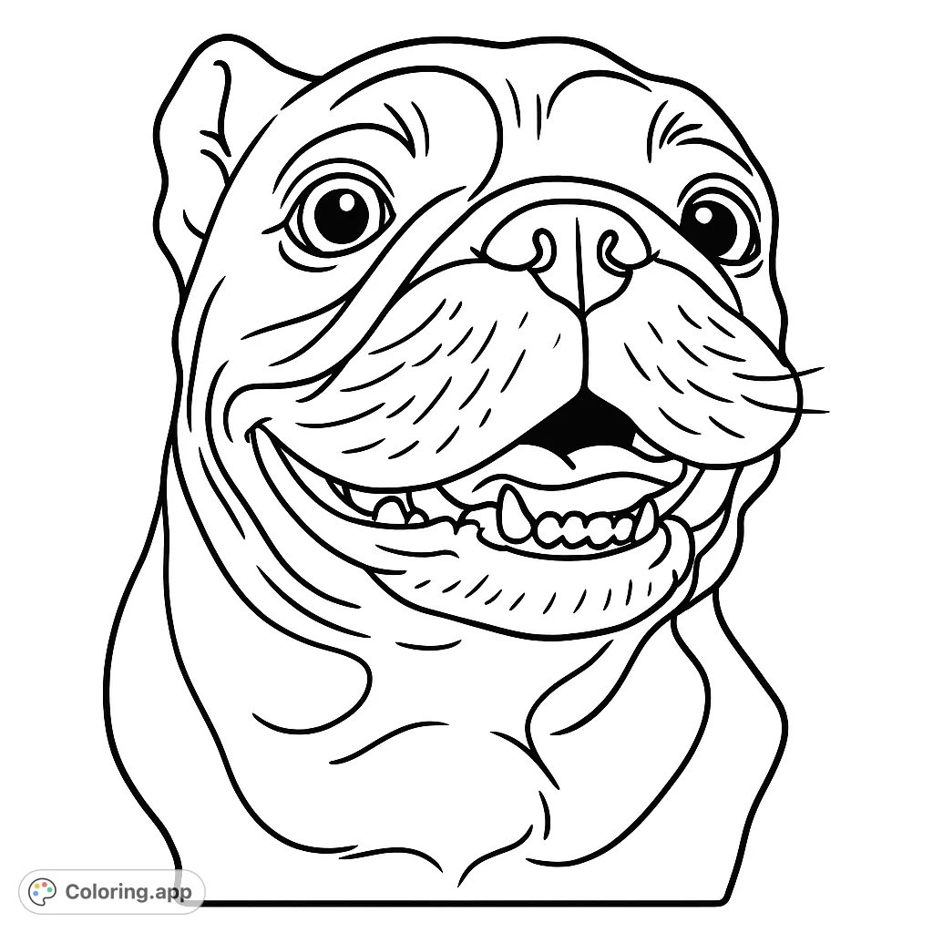 A delightful happy dog coloring page featuring a close-up portrait of a smiling puppy, perfect for animal lovers of all ages.