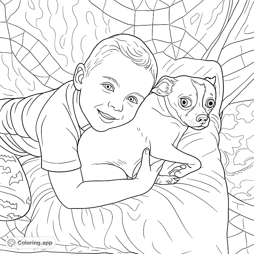 A heartwarming boy and dog coloring page, perfect for animal lovers. Features a child embracing their beloved canine friend on a cozy bed, ready for your creative touch.