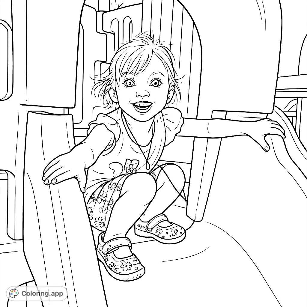 A delightful playground scene featuring a happy child on a slide, perfect for young artists to explore creativity and fine motor skills.