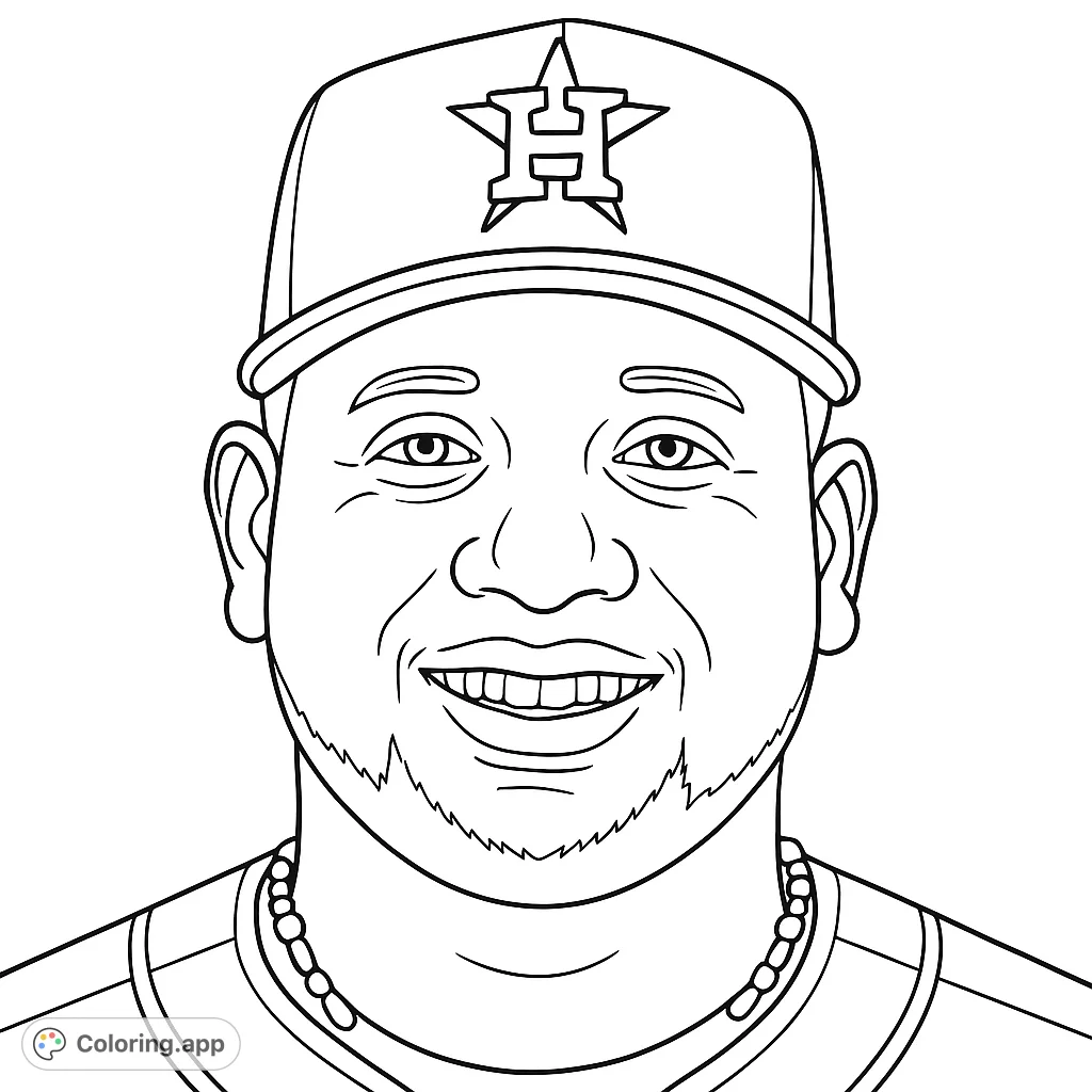A detailed portrait of a smiling baseball player, featuring his cap with a star and 'H' logo, jersey, and beaded necklace, perfect for sports fans.