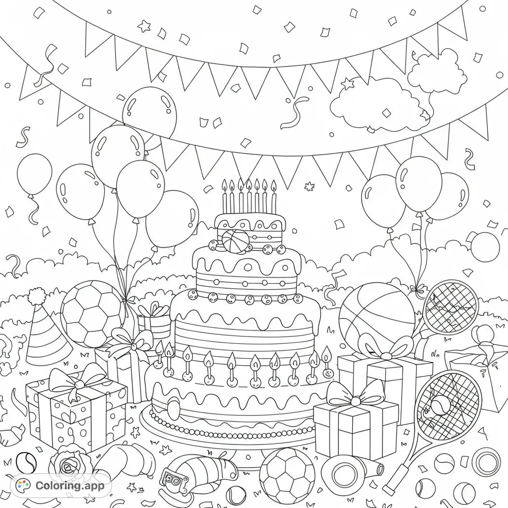A festive sports-themed birthday scene featuring a cake, gifts, balloons, and various athletic equipment, perfect for celebrating a coach.