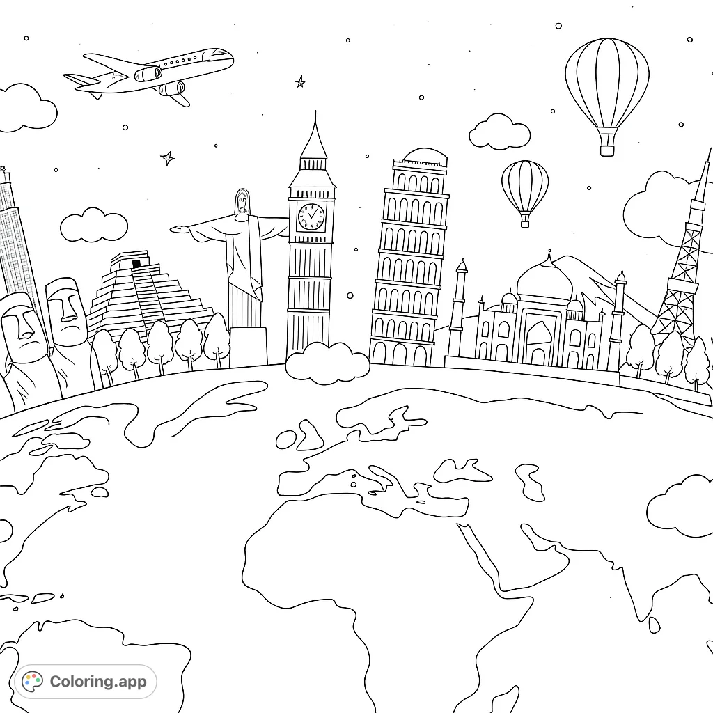 Embark on a global adventure! Color iconic landmarks like the Taj Mahal, Big Ben, and Pyramids on a detailed world map.