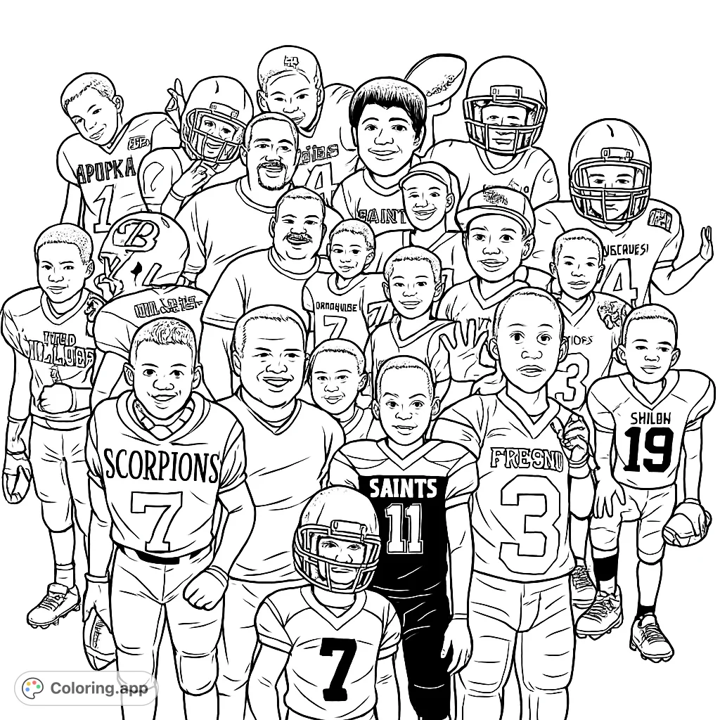 Dynamic youth football collage featuring players in various poses, celebrating the spirit of the game. Perfect for sports fans to color and personalize.