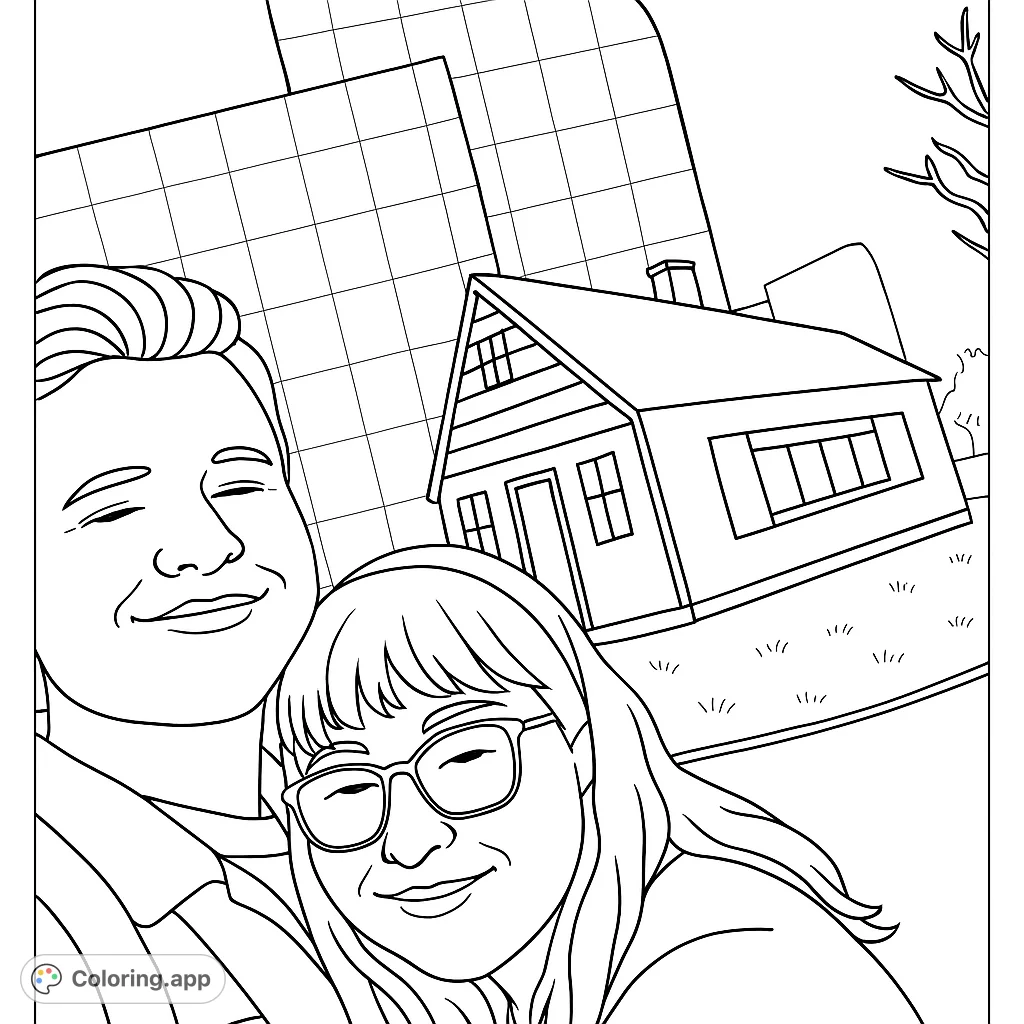 Color a unique scene featuring a couple posing with a whimsical, tilted house sculpture against a modern building. A fun, artistic coloring page.