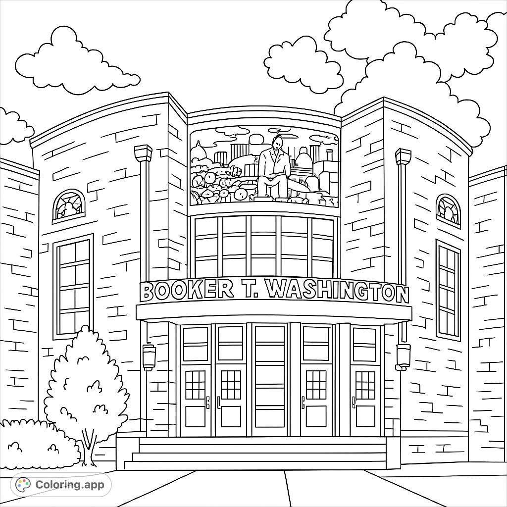 Color a grand brick building featuring a large historical mural and detailed architecture. A free printable building coloring page for all ages.